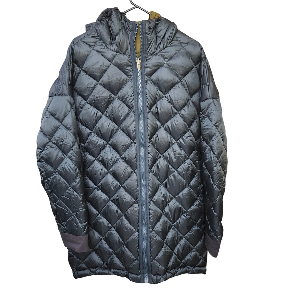 Athleta Vortex Reversible Down Parka Coat LG Tortuga Olive Blue Gorpcore Puffy